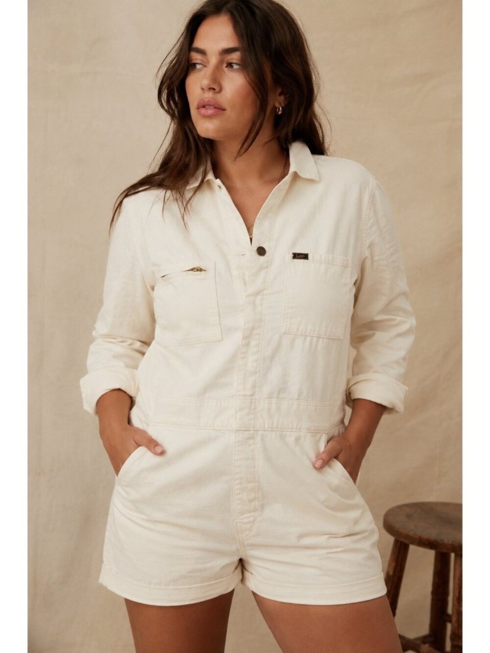 Lee Short Union-Alls Womens Sz Large Ecru Utility Workwear Romper Free People